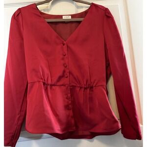 J.CREW Womens  Long-sleeve Peplum Top Satin-crepe Red V-Neck Button Sz 4